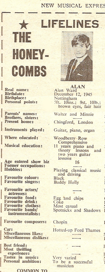 Edited cutting from NME showing information about Alan Ward of The Honeycombs