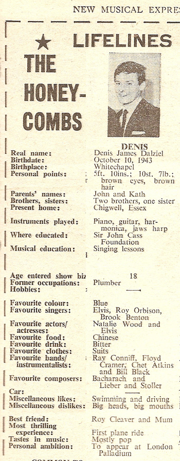 Edited cutting from the NME 28th August 1964 showing list of facts about Denis D'Ell