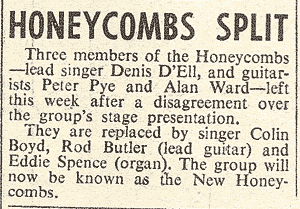 Cutting from New Musical Express 29th April 1966 announcing the departure of three band members and the new name The New Honeycombs