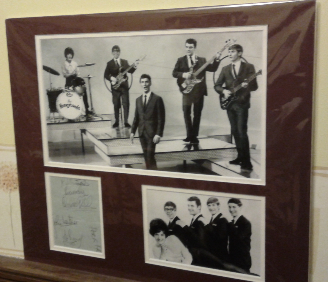 Two framed photographs of The Honeycombs featuring the original line up of Martin Murray, Honey Lantree, John Lantree, Denis D'Ell and Alan Ward. Plus signatures of all five of the Mk II line up, Peter Pye instead of Martin Murray.
