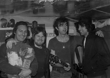 Black and white photograph of Rod Butler with Denis D'Ell and the band Zarabanda.